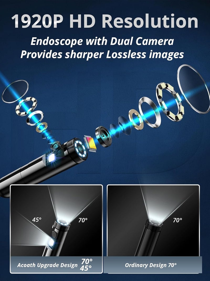 Acoath Store Endoscope Camera with Light, Dual-Lens 1920P HD Borescope with 8 Adjustable LED Lights, IP67 Waterproof Boroscope Inspection Tools, 33ft Semi-Rigid Snake Camera for iOS & Android - Image 2